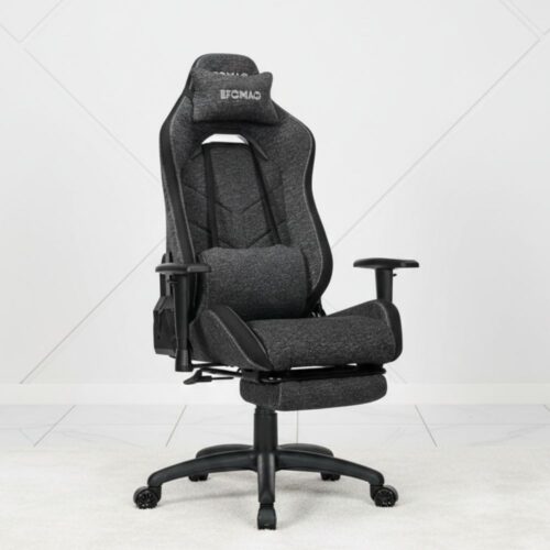 black technical fabric ergonomic gaming chair with footrest and lumbar support