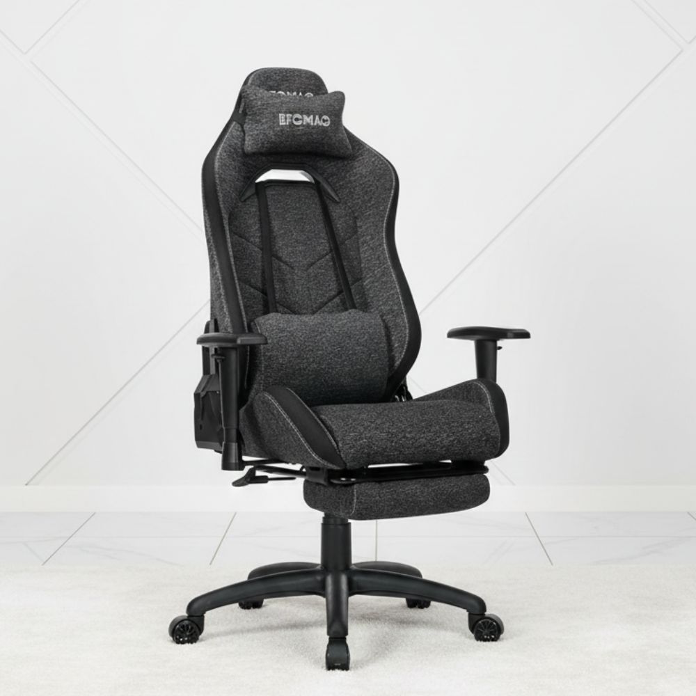 black technical fabric ergonomic gaming chair with footrest and lumbar support