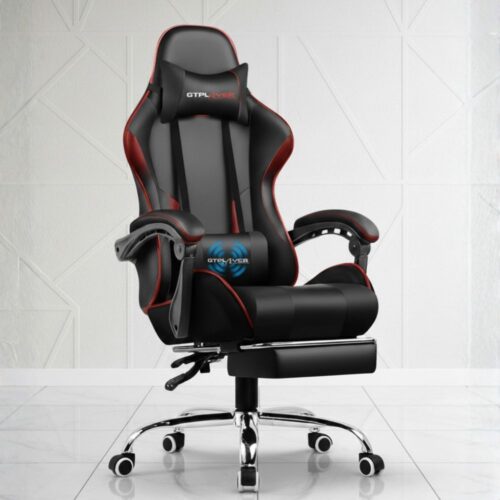 black and red ergonomic gaming chair with massage and footrest