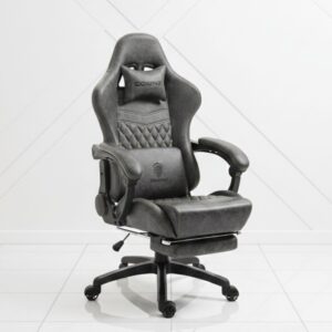black ergonomic gaming chair with footrest and massage lumbar support