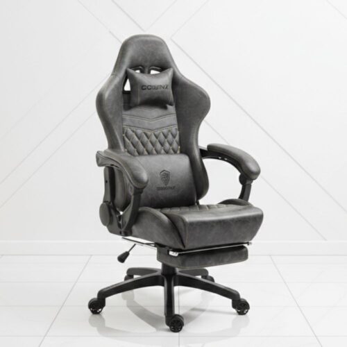 black ergonomic gaming chair with footrest and massage lumbar support