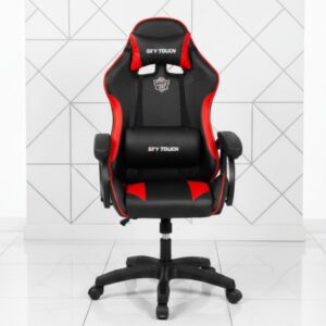 black and red gaming chair with footrest and lumbar support