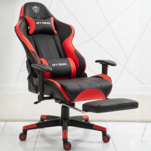 black and red ergonomic gaming chair with lumbar support and footrest