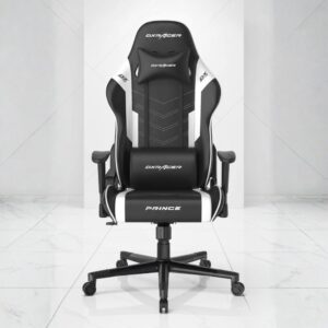 black PU leather gaming chair with lumbar support and headrest