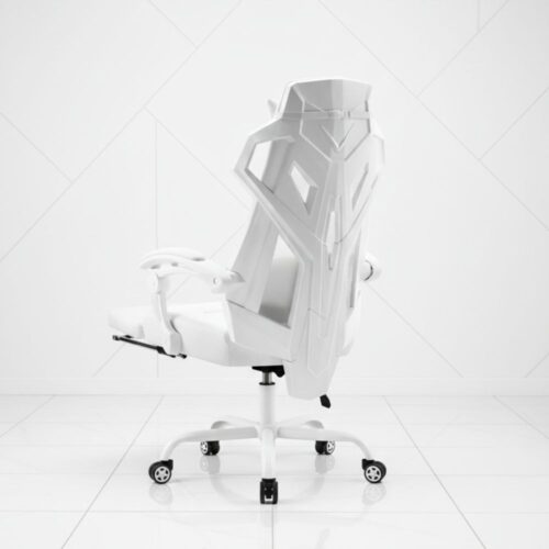 black and red ergonomic gaming chair with footrest and lumbar support