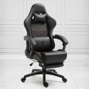 black and red ergonomic gaming chair with massage lumbar support and footrest