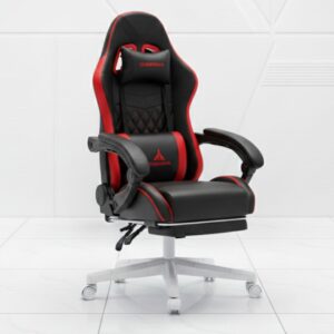 black PU leather ergonomic gaming chair with footrest and lumbar support