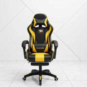 black gaming chair with footrest and lumbar support