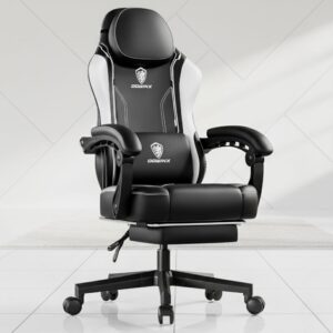 black ergonomic gaming chair with lumbar support and footrest