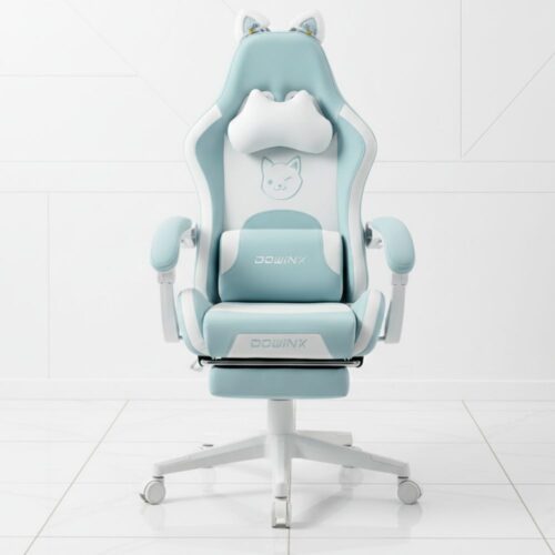 black ergonomic gaming chair with massage lumbar support and footrest