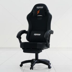 black ergonomic gaming chair with footrest and lumbar support