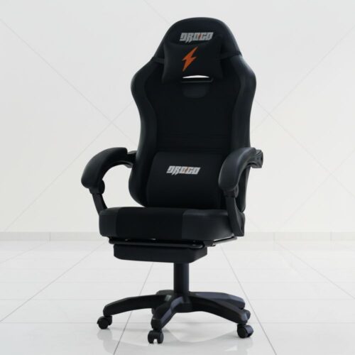 black ergonomic gaming chair with footrest and lumbar support