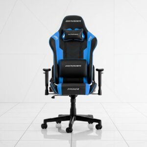 black and blue synthetic leather gaming chair with lumbar support