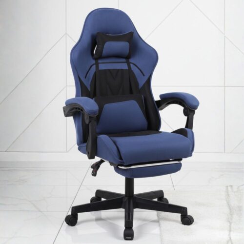 black ergonomic gaming chair with footrest and lumbar support