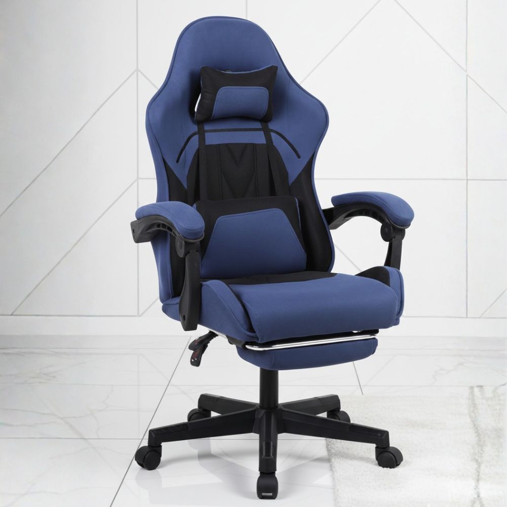 black ergonomic gaming chair with footrest and lumbar support