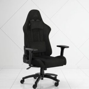 black fabric gaming chair with lumbar support and 4d armrests