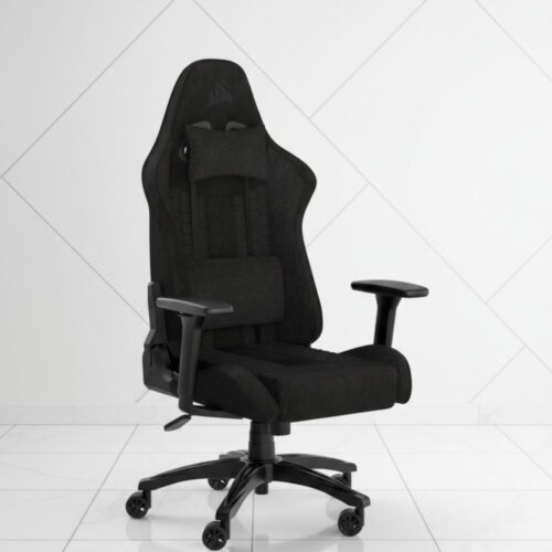 black fabric gaming chair with lumbar support and 4d armrests