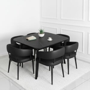 Modern Ceramic Marble Top 6-Seater Dining Table Set, 160x80cm Black Golden Frame for Kitchen and Living Room