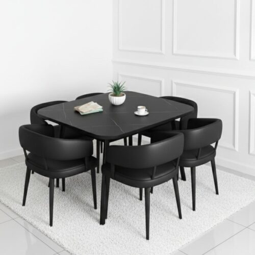 Modern Ceramic Marble Top 6-Seater Dining Table Set, 160x80cm Black Golden Frame for Kitchen and Living Room