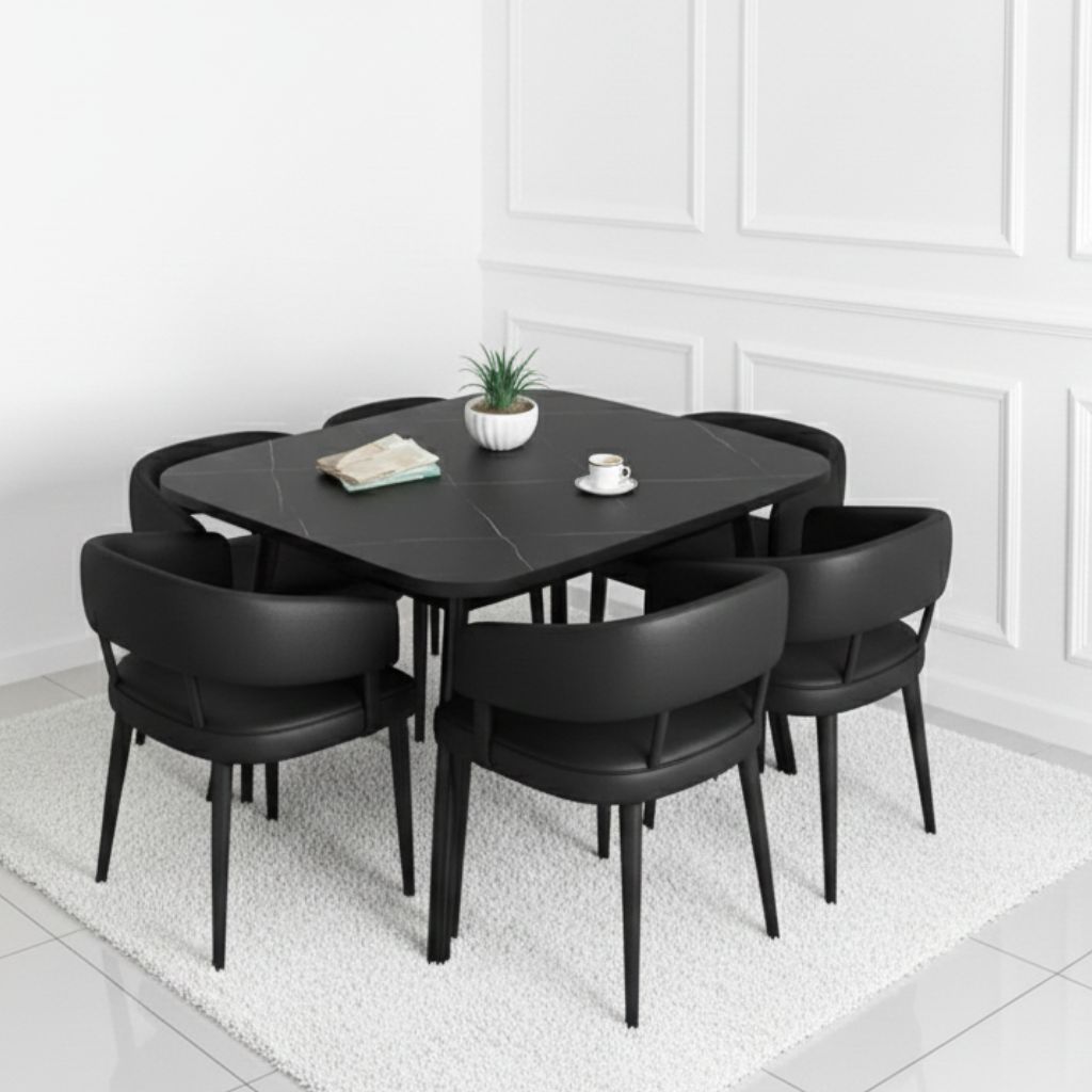 Modern Ceramic Marble Top 6-Seater Dining Table Set, 160x80cm Black Golden Frame for Kitchen and Living Room