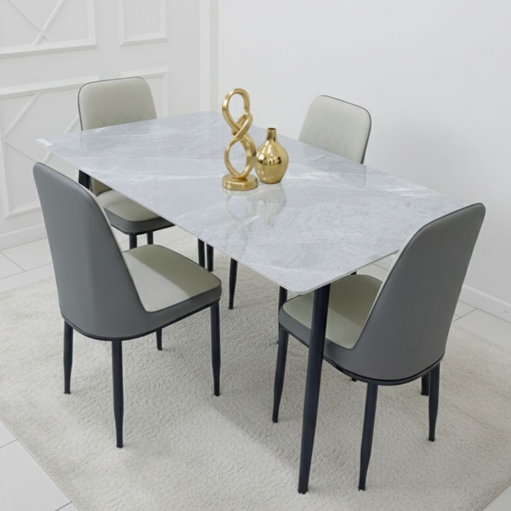 4 Seater Marble Look Ceramic Top Dining Table - Modern Heavy Duty Design for Home and Office