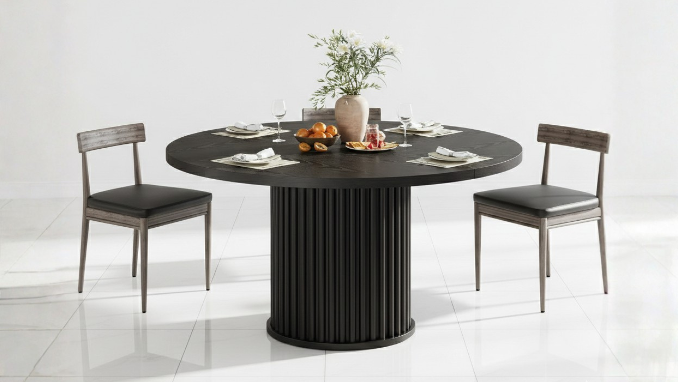 Black Round 4–6 Seater Dining Table with Fluted Pedestal Base