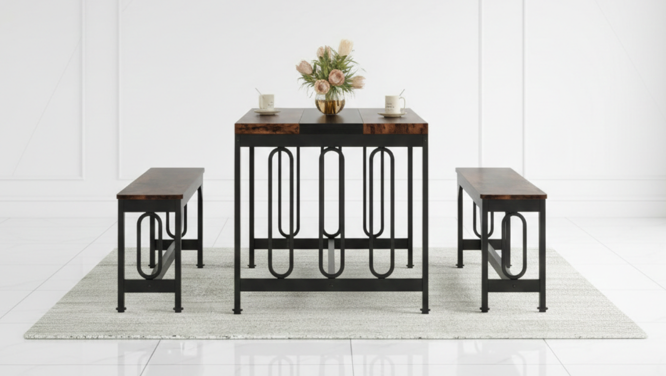 Space-Saving 4–6 Seater Dining Table Set with Benches